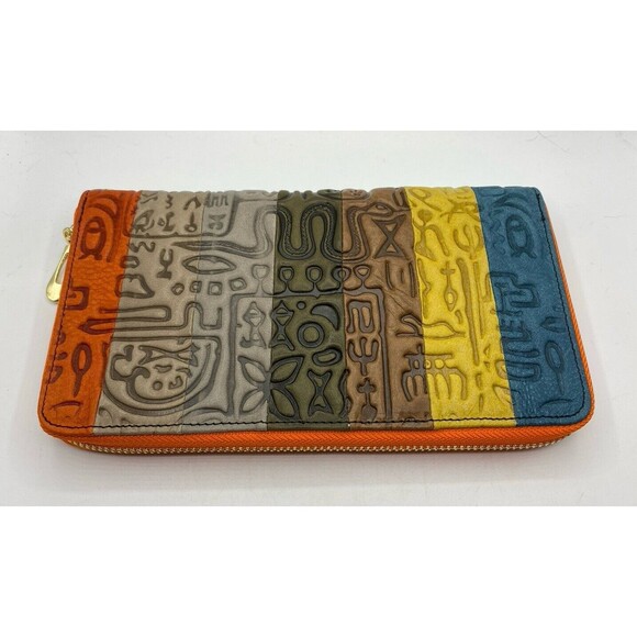 Walk Arrive Women’s Leather Tribal Hieroglyphics Multi Colors Wristlet Purse Boh - Picture 2 of 10